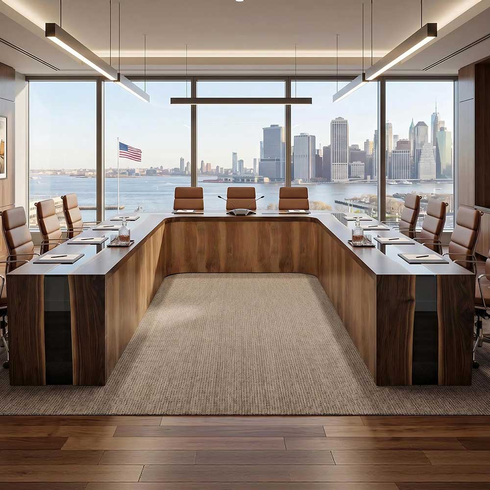 Large custom U-shaped black walnut conference table with a bold continuous black epoxy resin river