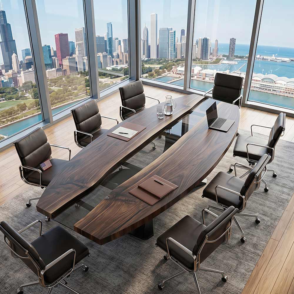 Boat-shaped epoxy table with tapered ends and a broad, symmetrical center profile
