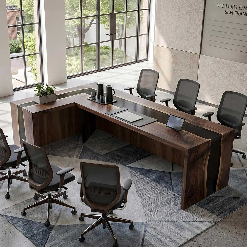 Custom black walnut L-shaped conference table with transparent black epoxy river