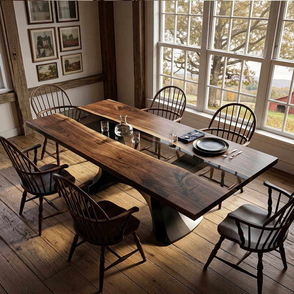 Black walnut dining table featuring a transparent black epoxy river and sculptural base