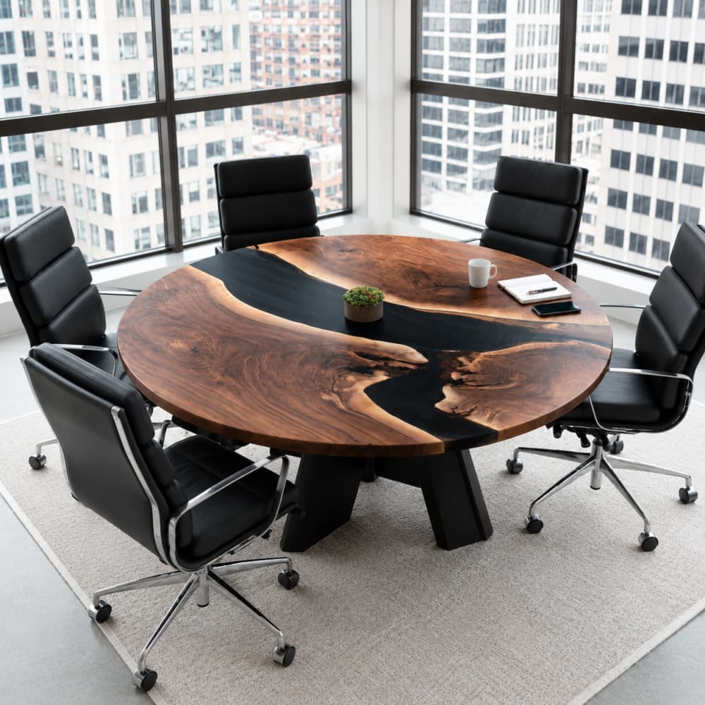 Matte black epoxy round boardroom table featuring rich black walnut wood grain and a balanced circular meeting layout
