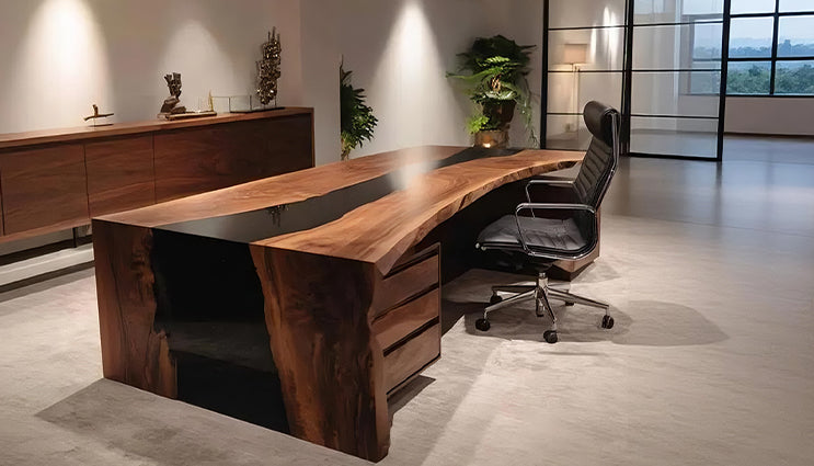 Modern office with a large wooden desk and chair.