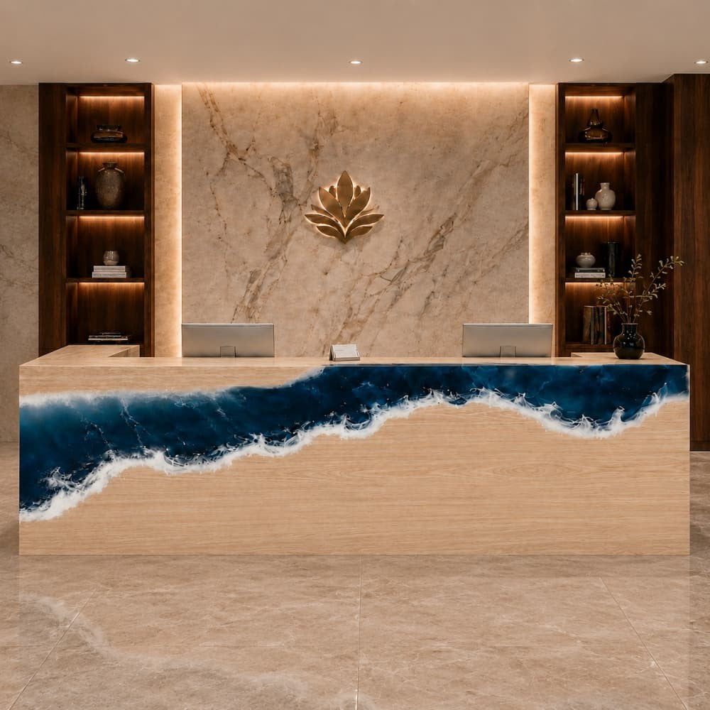 Front view of a long ash wood reception desk with a dramatic diagonal upper border of realistic dark blue resin crashing ocean waves and white seafoam