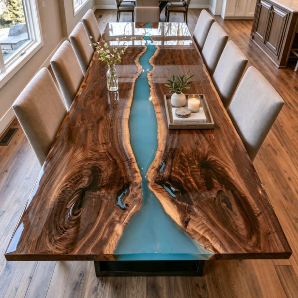High-gloss epoxy resin dining table with warm Black Walnut slabs and a glass-like blue resin river design.