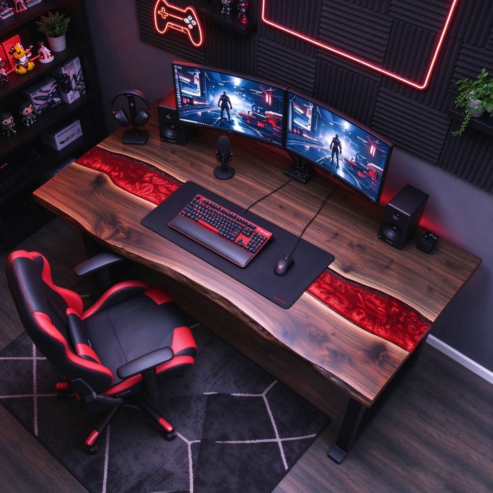 Close-up of rich black walnut wood grain on a custom solid wood gaming desk, highlighting natural patterns and dark wood tones.