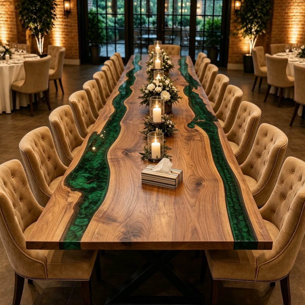 Oversized rectangular walnut epoxy table seating for large groups