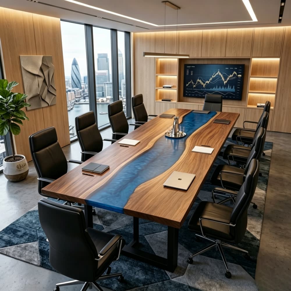 A 14ft matte finish live edge black walnut and deep blue swirl epoxy resin conference table for modern corporate boardrooms