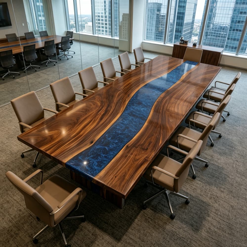 Large boat-shaped black walnut conference table with a royal sapphire blue epoxy river inside a high-rise executive boardroom with glass walls