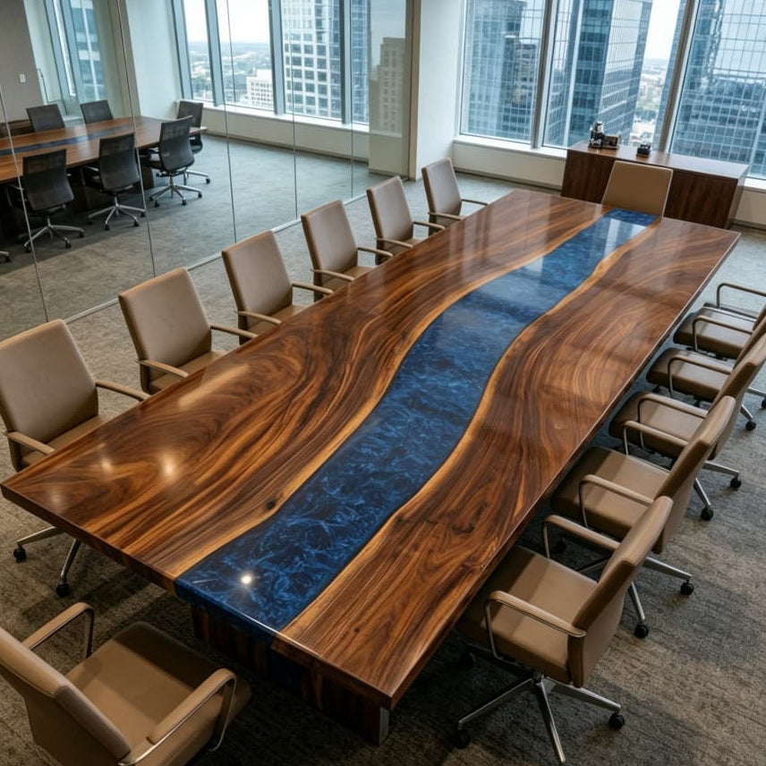 Large boat-shaped black walnut conference table with a royal sapphire blue epoxy river inside a high-rise executive boardroom with glass walls