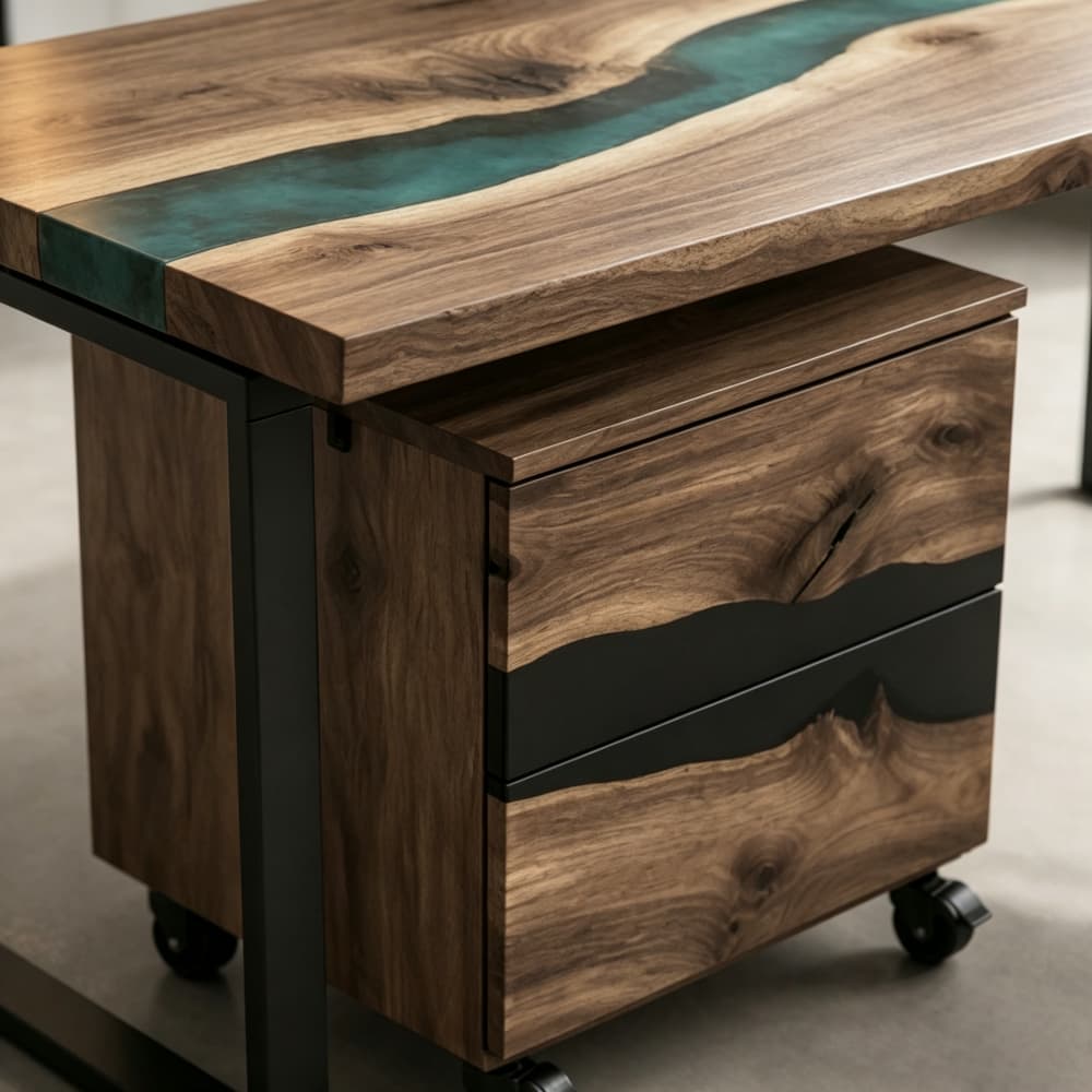 18 inch walnut and black epoxy 2-drawer mobile office cabinet with casters for compact workspace storage