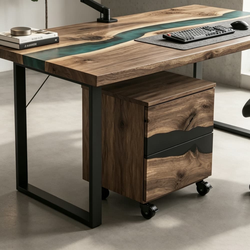 22 inch high walnut mobile office cabinet positioned under a custom desk for space-saving storage