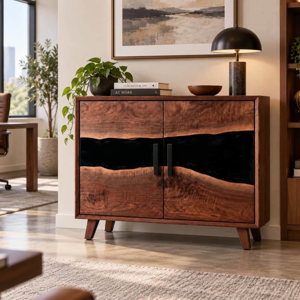36-inch black walnut and black epoxy resin office storage cabinet with two doors for executive workspaces