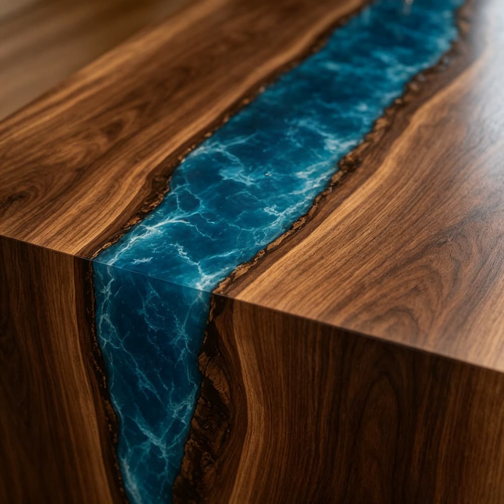 Close-up of the flawless 90-degree mitered edge showing matching walnut grain and glowing blue turquoise resin flowing down the island side