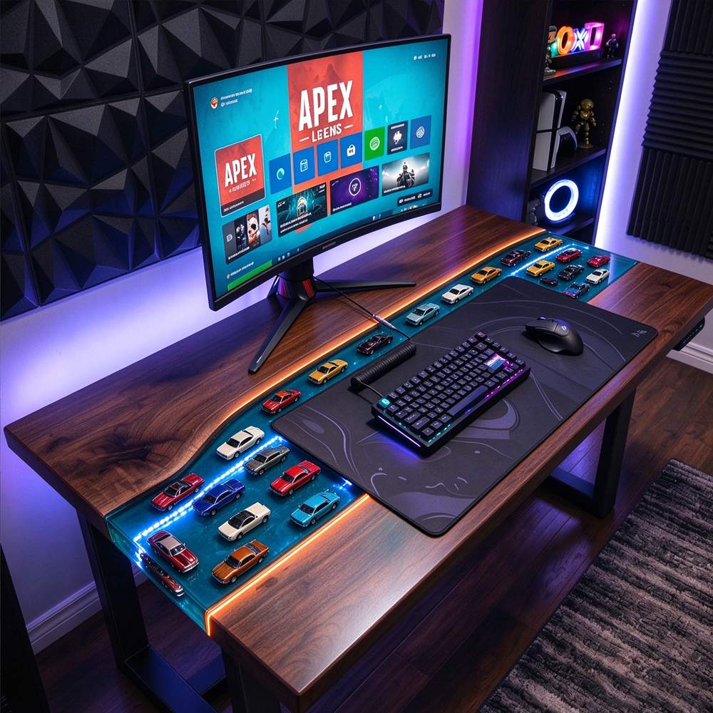 Black walnut blue resin gaming desk with embedded model cars and built-in LED lighting, automotive epoxy workstation.