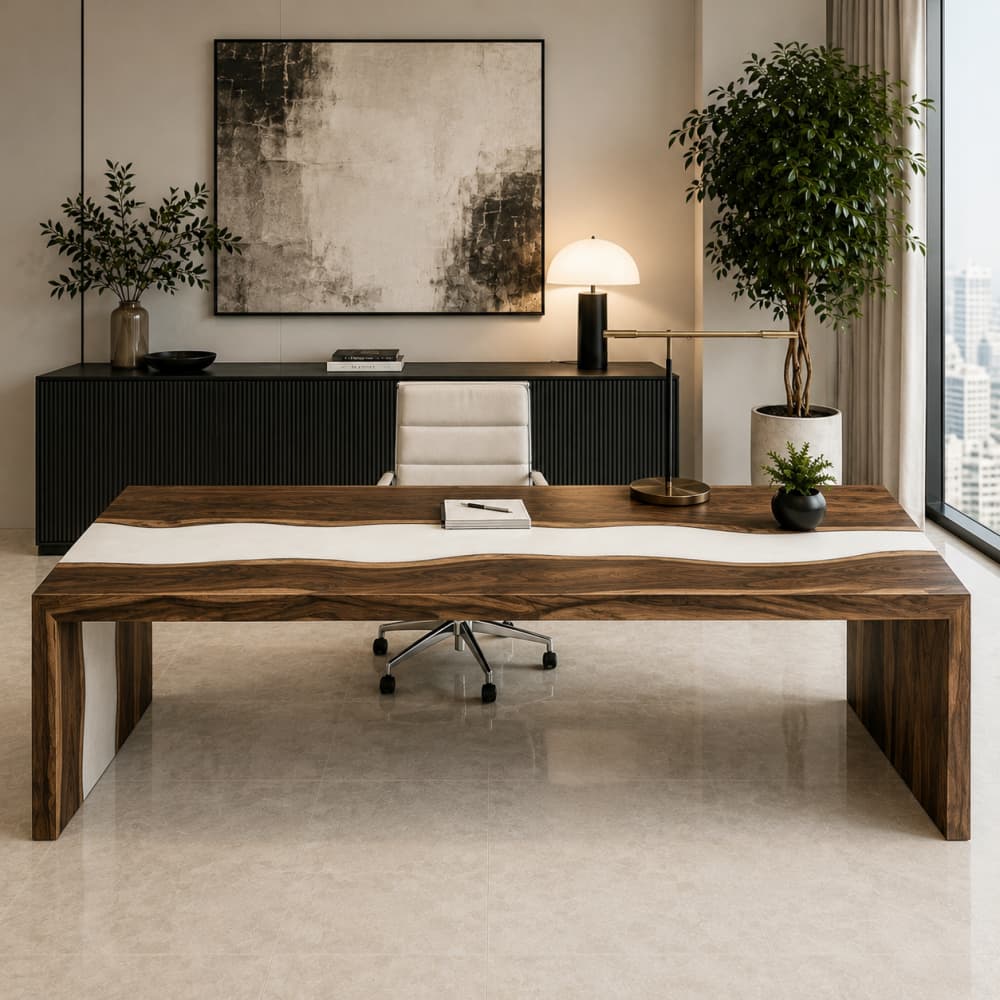 Detailed view of a seamless mitered waterfall joint showing the white resin river and live-edge wood grain flowing continuously to the floor