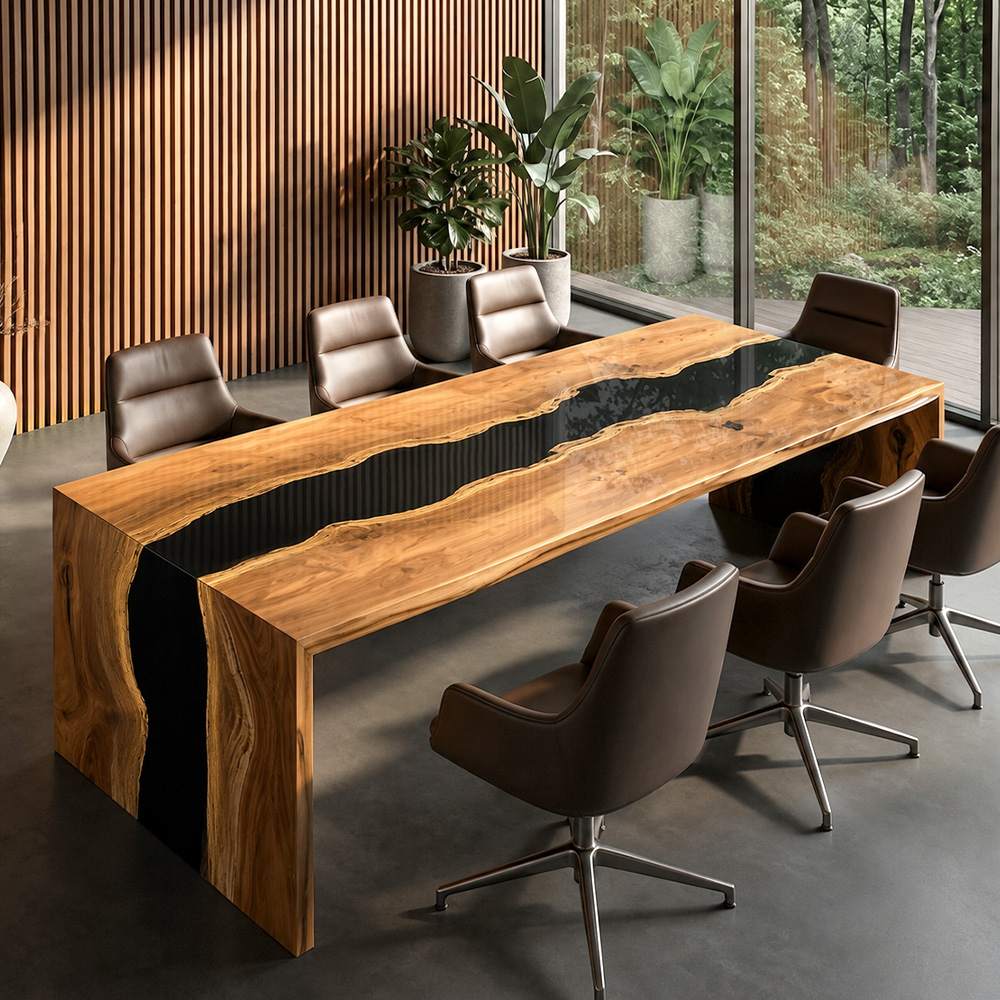 Detailed view of the 90-degree mitered waterfall edge on a custom walnut river table, showing the grain flowing perfectly from the tabletop down to the floor