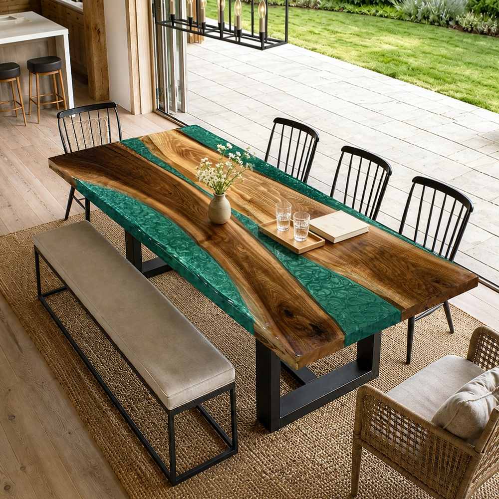 96 inch by 48 inch black walnut green resin dining table