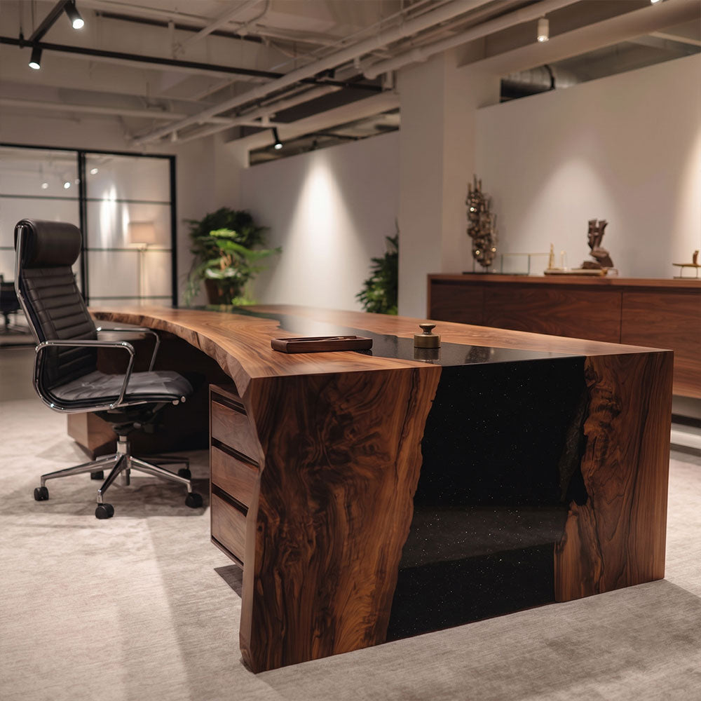 Large wooden desk in a modern office setting with a chair.