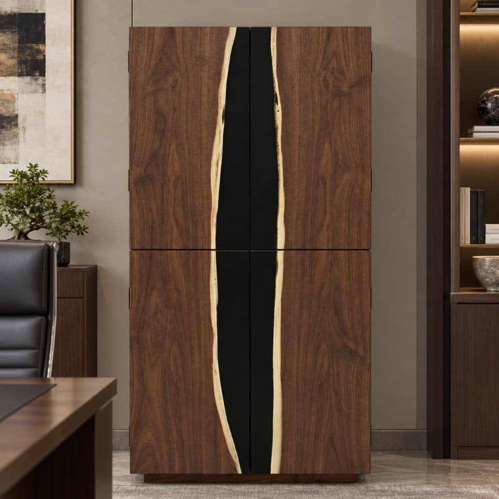 36"W × 18"D × 72"H Custom Black Walnut Tall Storage Cabinet with Matte Black Resin Inlay | ROC-09