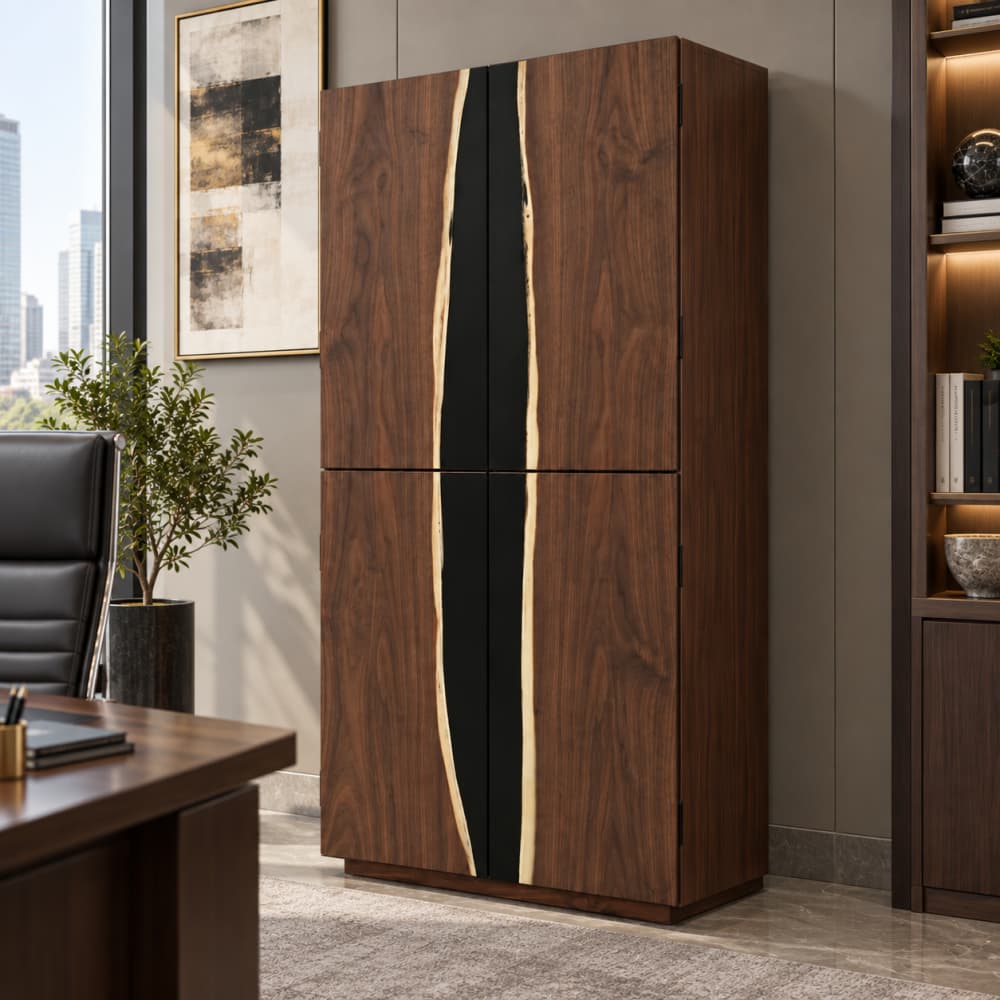 36"W × 18"D × 72"H Custom Black Walnut Tall Storage Cabinet with Matte Black Resin Inlay | ROC-09