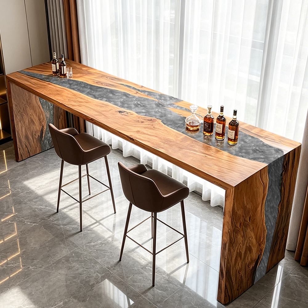 Side profile detail showcasing seamless integrated live edge walnut slab support frame of silver swirl epoxy home bar counter