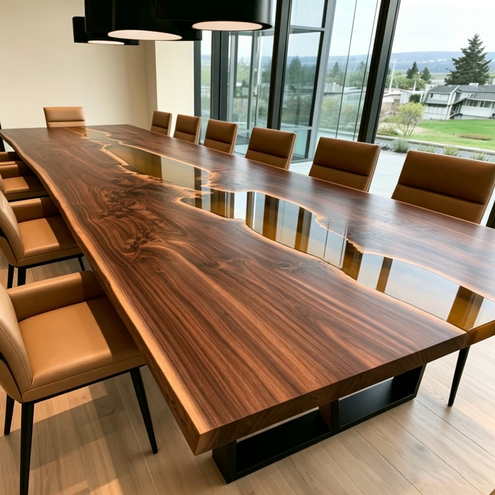 Custom Black Walnut boardroom table featuring amber resin with bronze and deep brown undertones through the center.