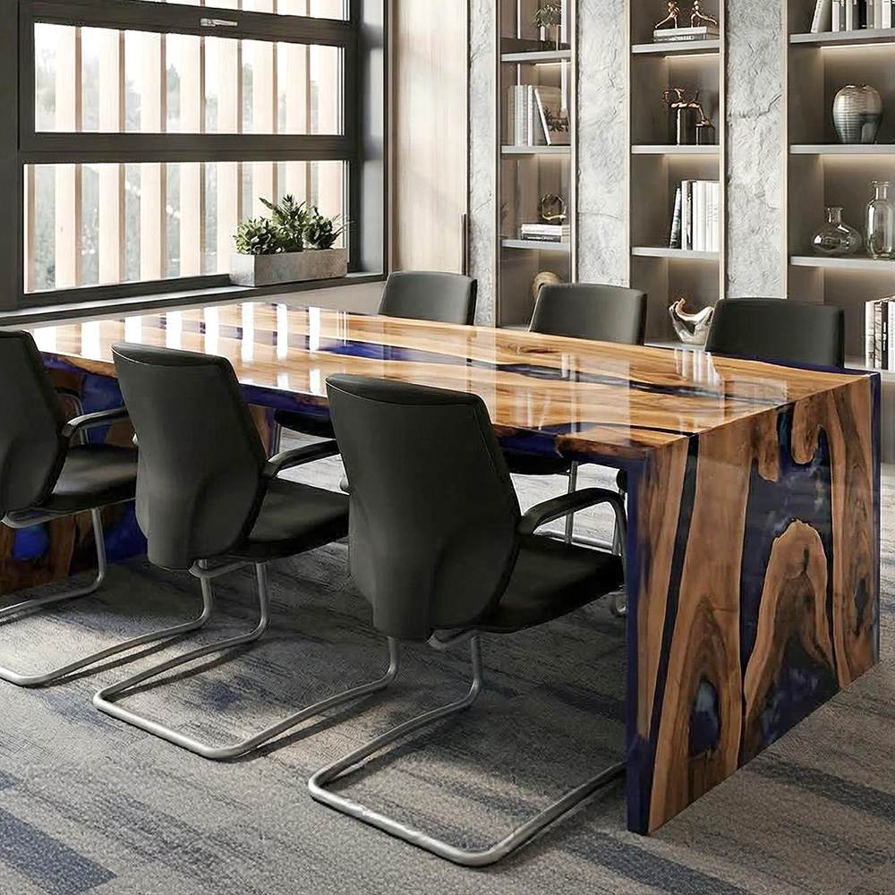 Walnut waterfall conference table with translucent purple epoxy resin in a modern office setting