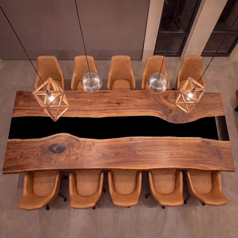 Architectural black walnut conference table with modern black epoxy river and custom metal base
