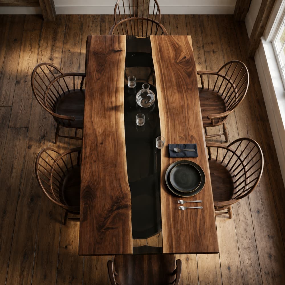 Architectural dining table crafted from black walnut and transparent black epoxy