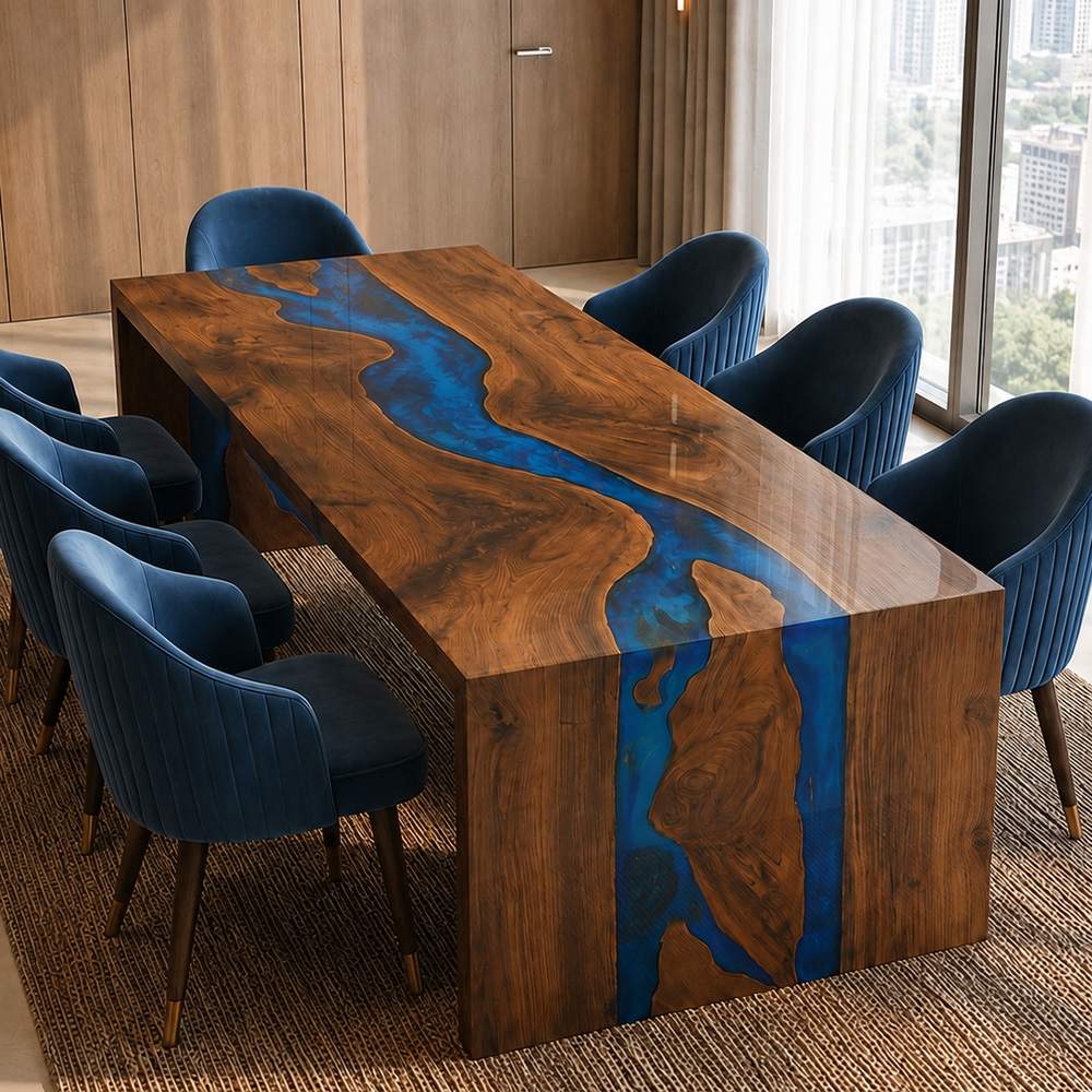Blue resin statement lobby table made from solid black walnut
