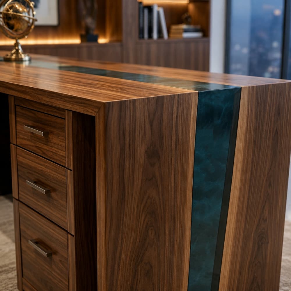 Bespoke executive workstation showcasing detailed transparent blue resin craftsmanship