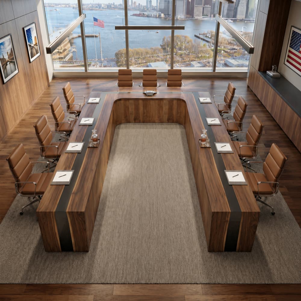 Close-up of polished premium walnut hardwood slabs integrated with seamless matte-to-gloss black liquid glass.