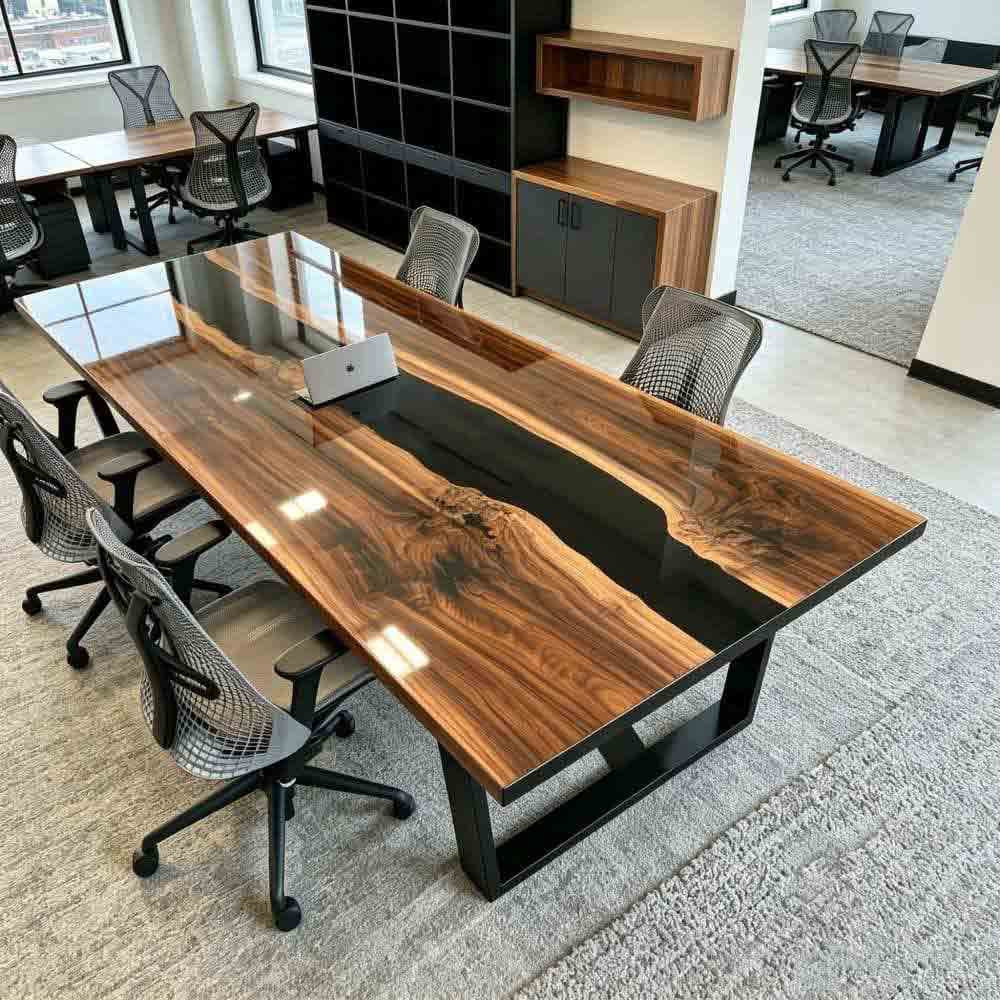 High-gloss midnight black epoxy resin river flowing through walnut wood