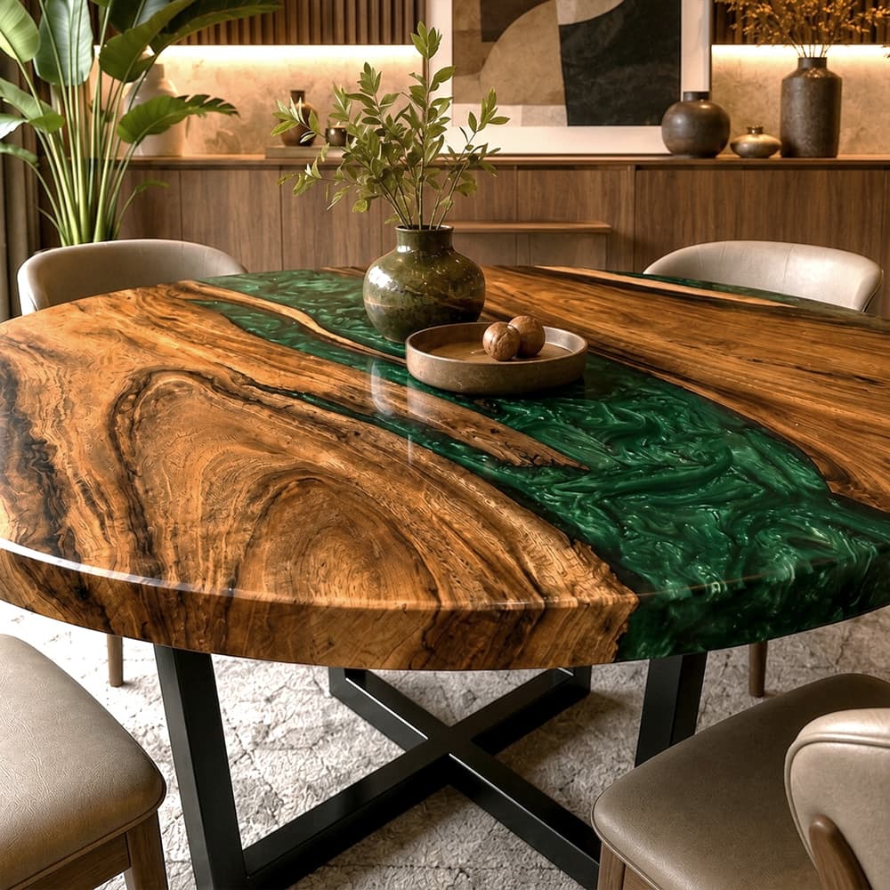 Close-up of deep jade-colored swirled resin flowing through rich brown timber under flawless glossy piano-finish reflections