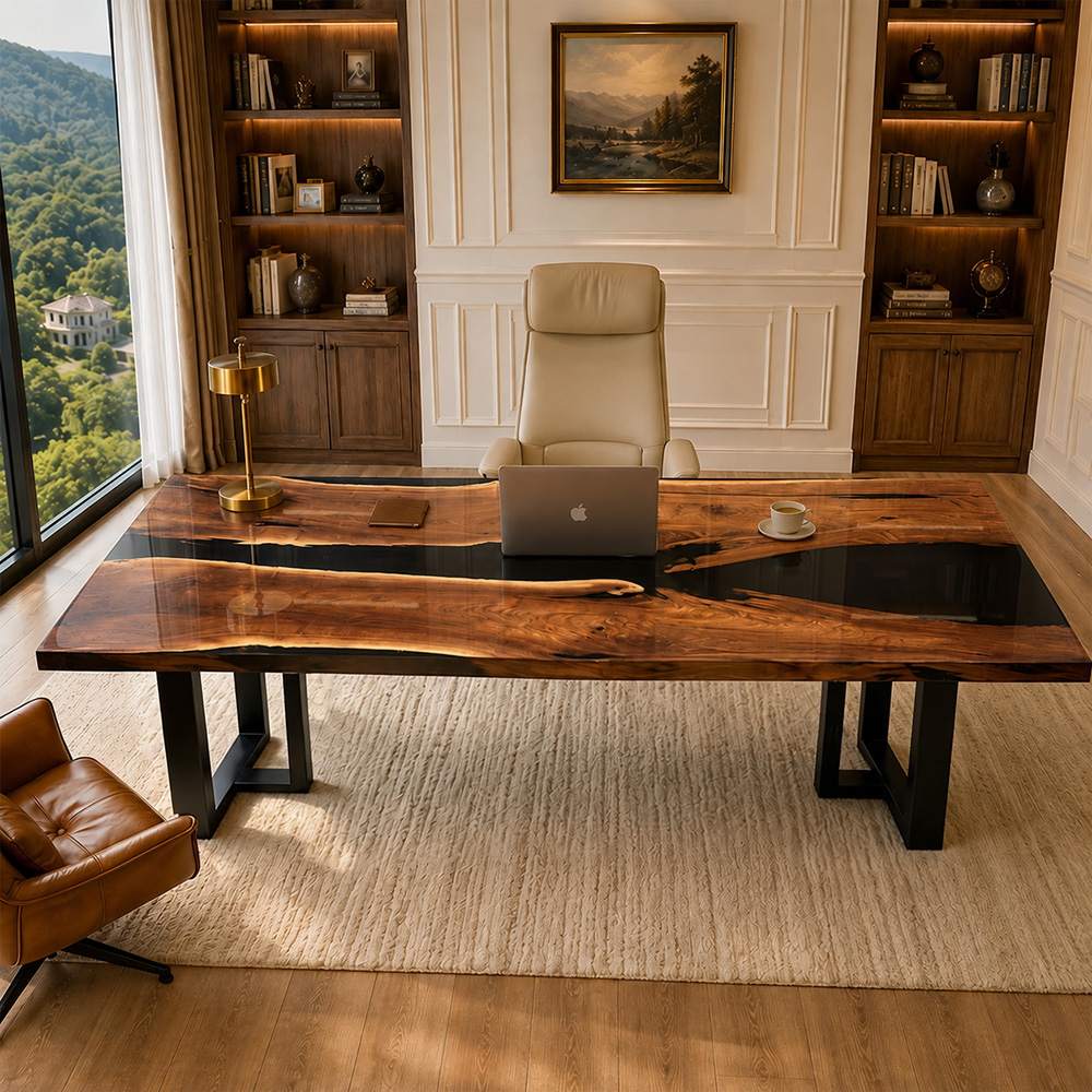 Detailed view of black epoxy river flowing through natural walnut wood