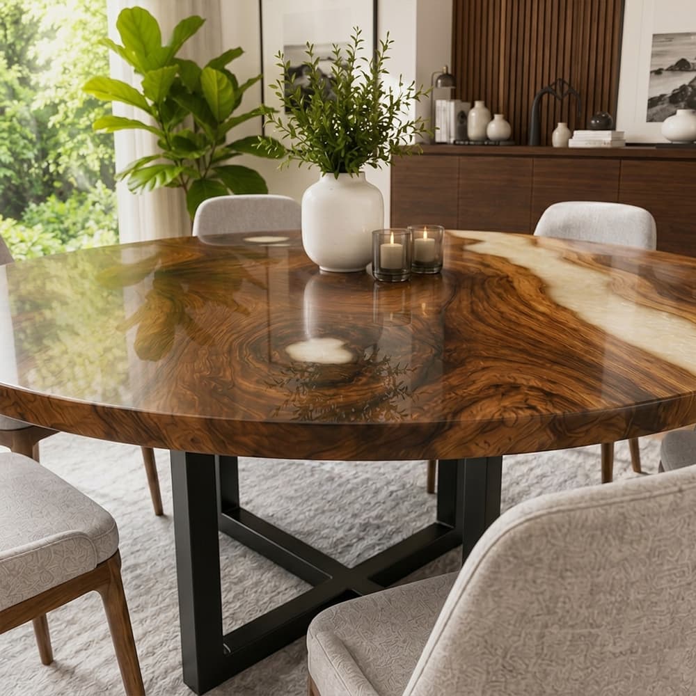 Overhead view of a sustainable circular solid wood tabletop showing unique growth rings and a heavy-duty black metal X-base
