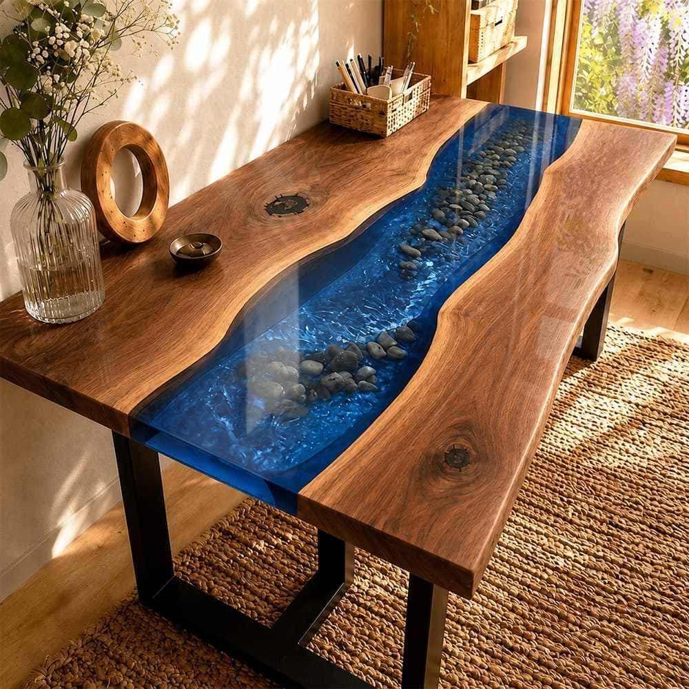 Side angle of a premium kiln-dried walnut slab table showcasing anti-yellowing gloss finish and natural bark edge geometry.