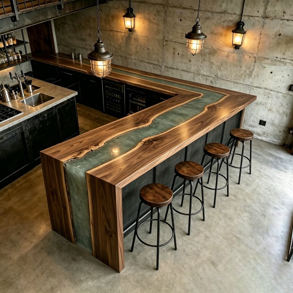 Artisan live edge walnut bar table featuring a unique metallic silver resin inlay