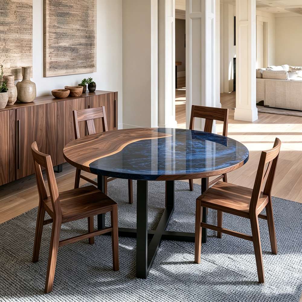 Designer wood dining table showcasing a glossy ocean-blue resin pattern and refined modern craftsmanship