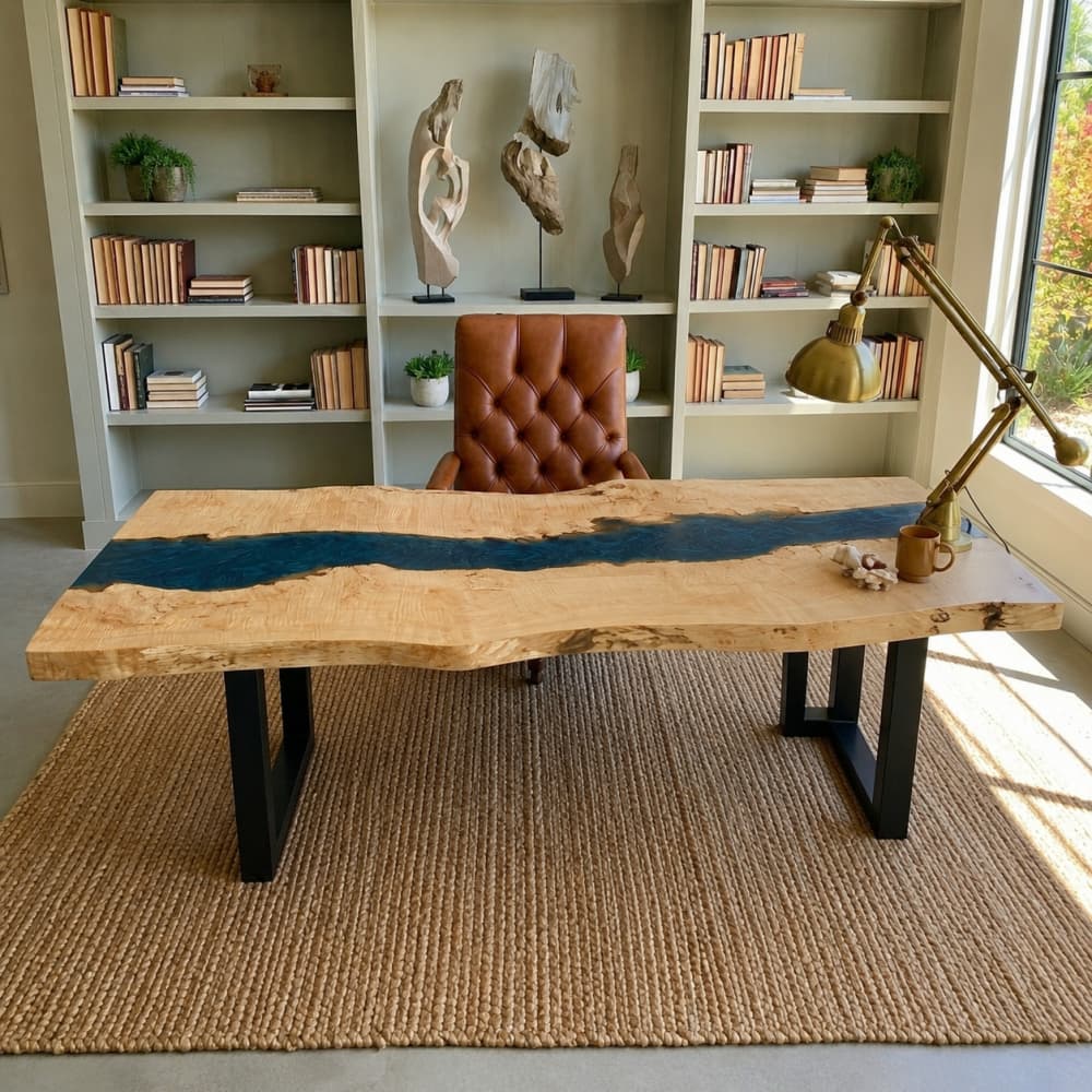 Artisan poplar and navy blue epoxy resin study table for modern home offices