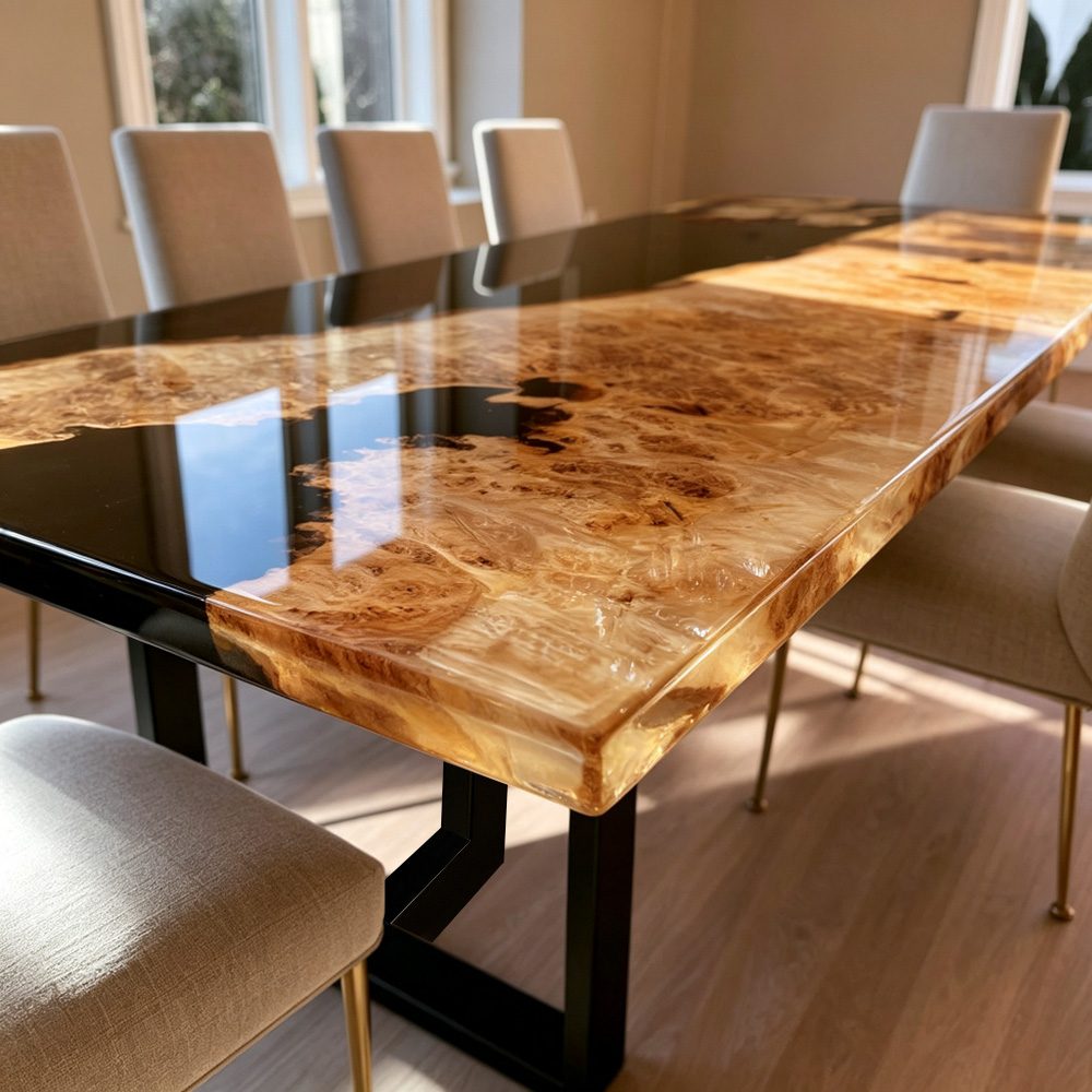Handmade hardwood dining table showcasing distinctive poplar burl patterns framed by a glossy black resin river