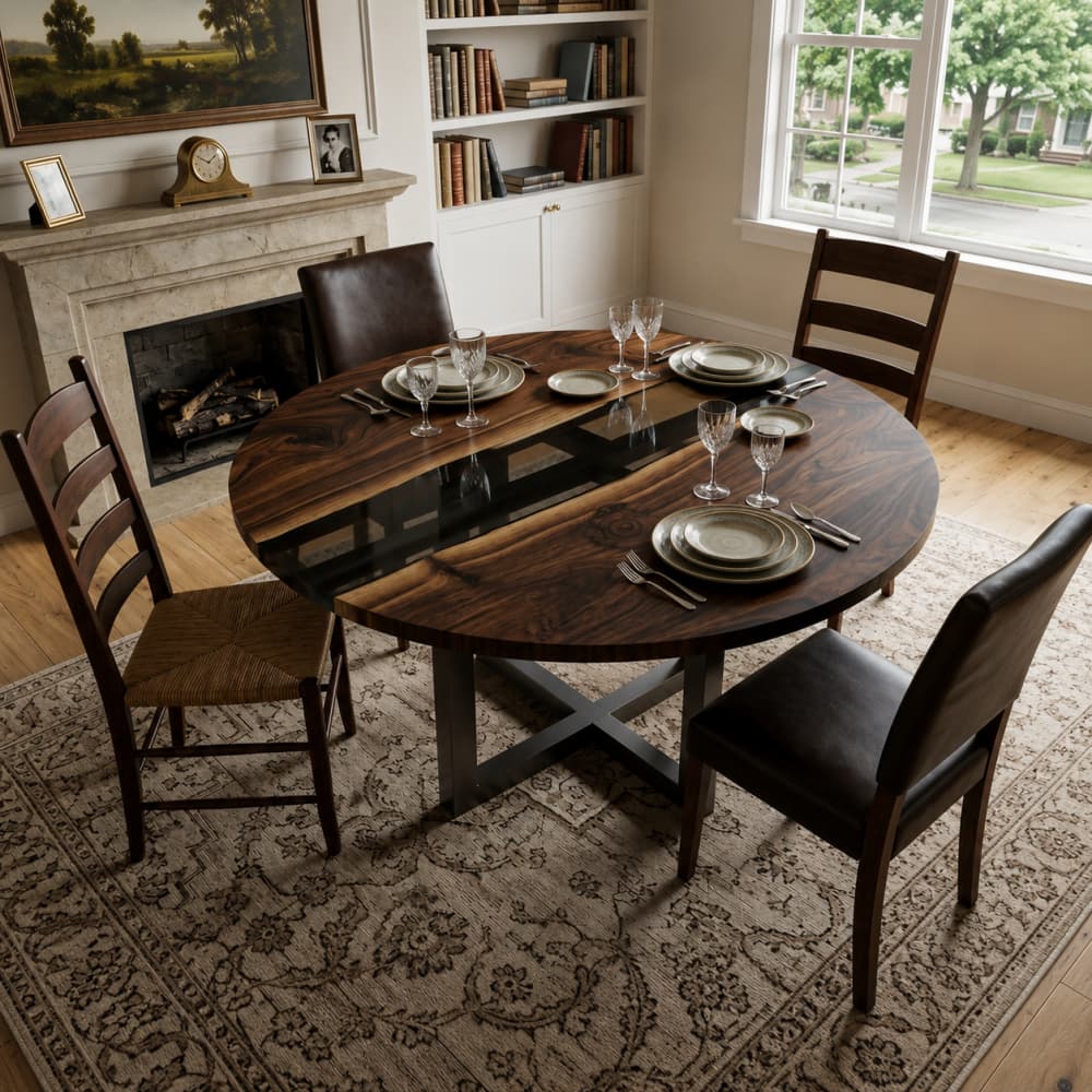 Symmetrical architectural view of polished premium walnut wood displaying natural live edge contours.