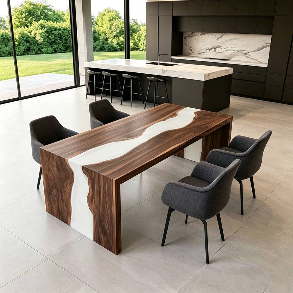 Handcrafted solid wood dining table combining premium walnut with elegant white resin detailing