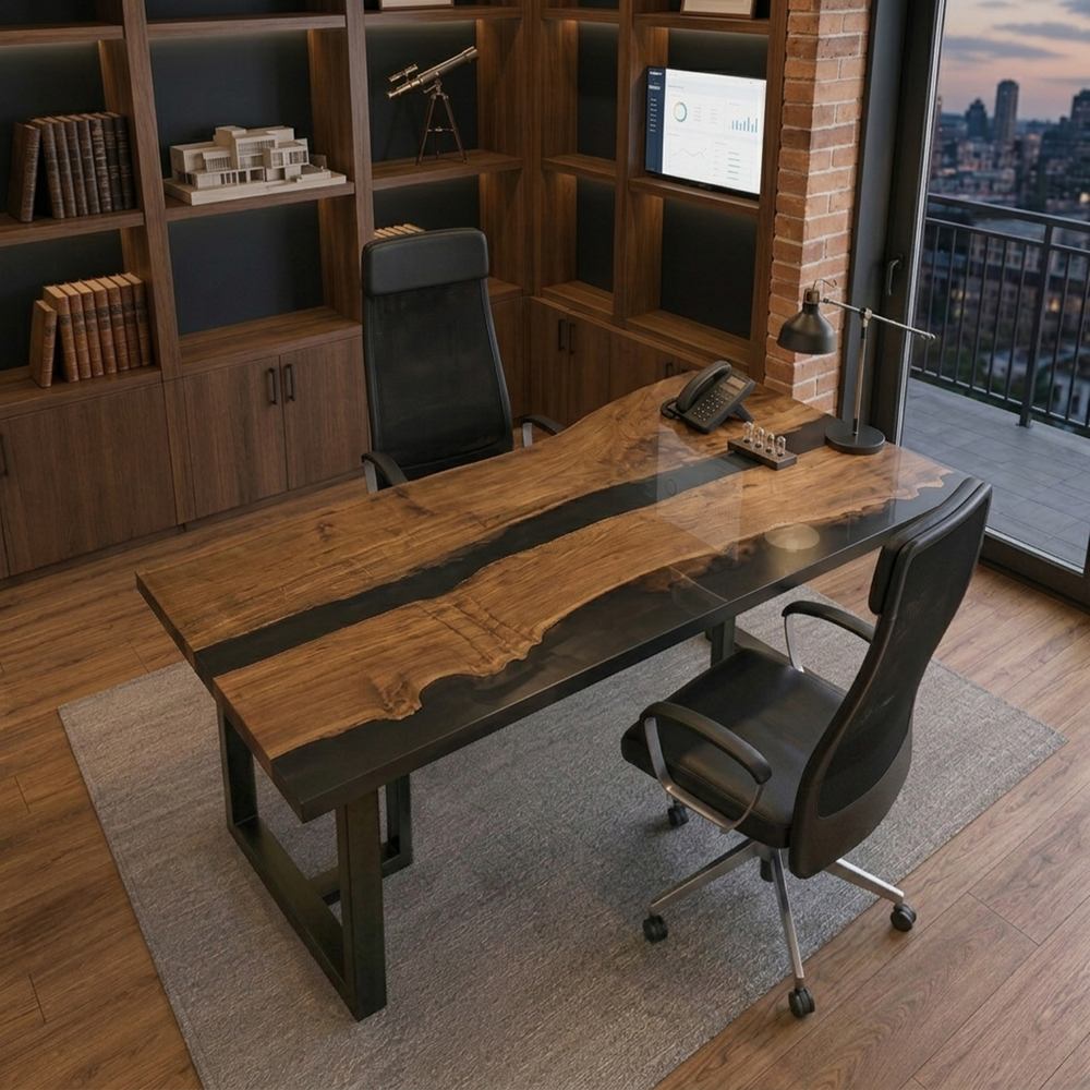 Close-up view of a high-end walnut and epoxy desk in a stylish home study room