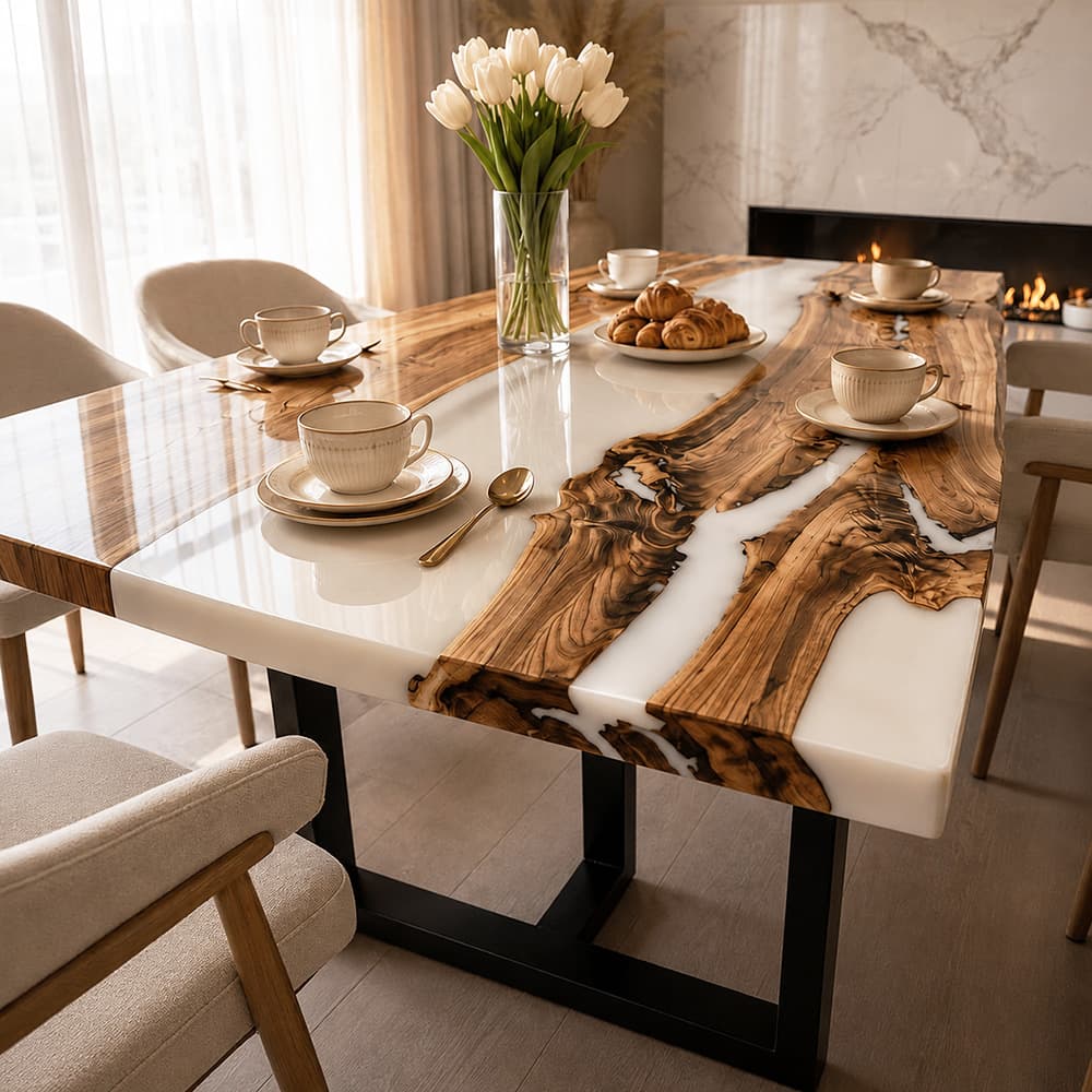 Symmetrical overhead view of a premium polished hardwood table showcasing unique live edge contours.