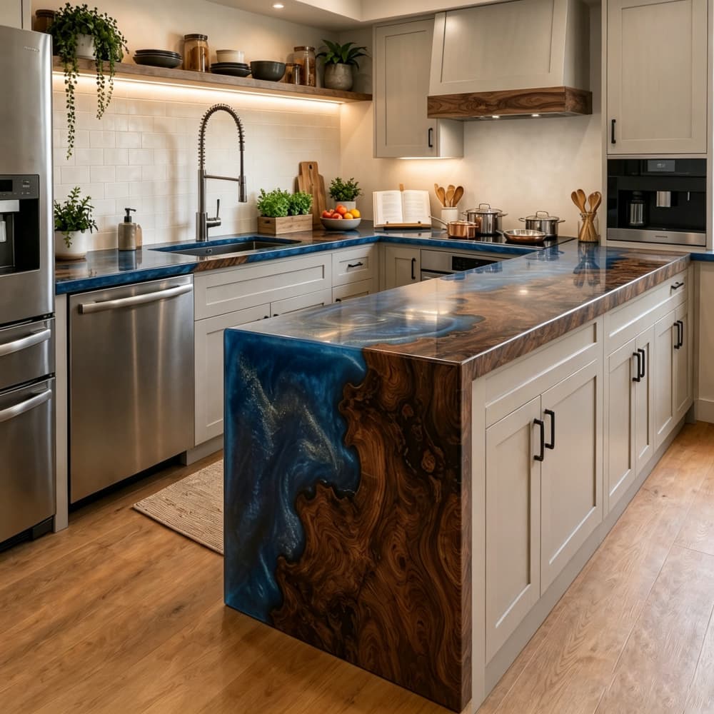Handcrafted live edge black walnut kitchen island designed for high-end renovations