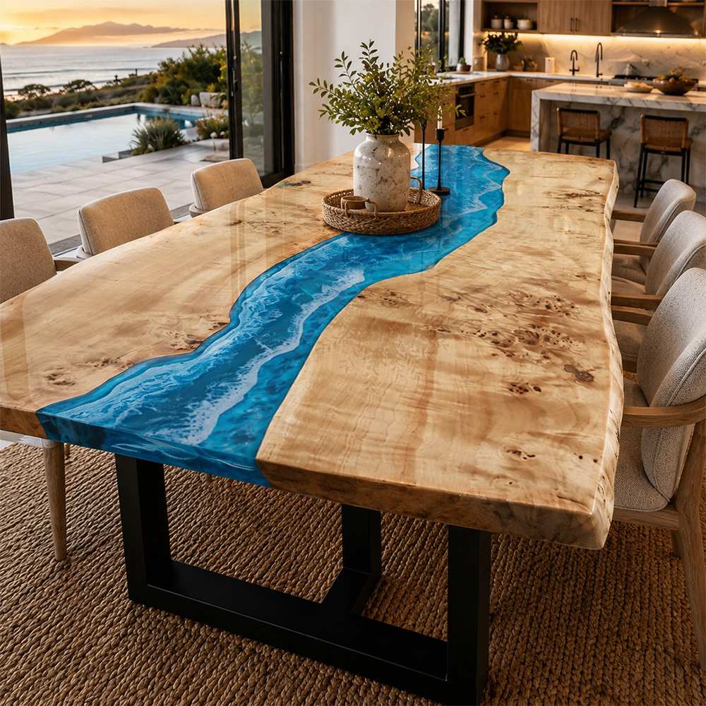 Handcrafted natural burl poplar dining table with artistic blue resin filling