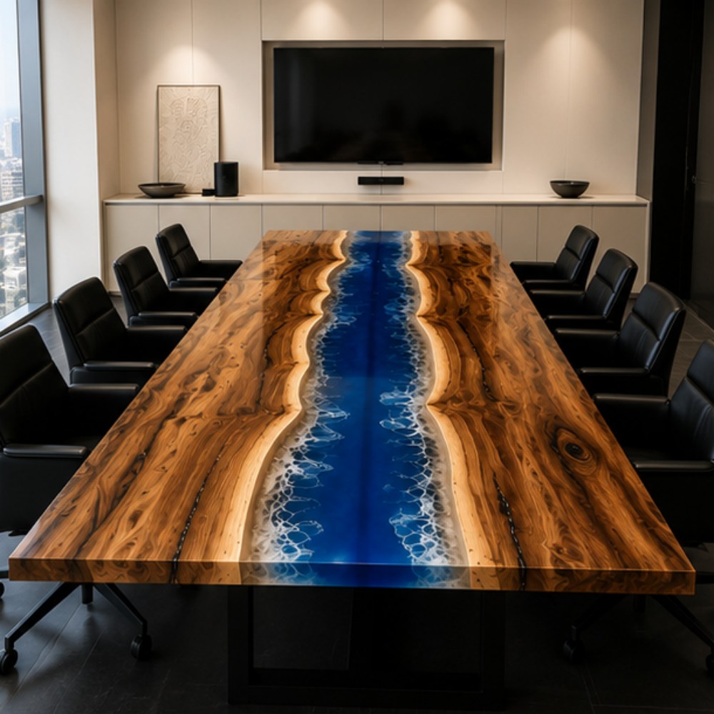 A visually commanding meeting table made from highly figured walnut wood and a flowing blue river resin, serving as the artistic focal point of a workspace