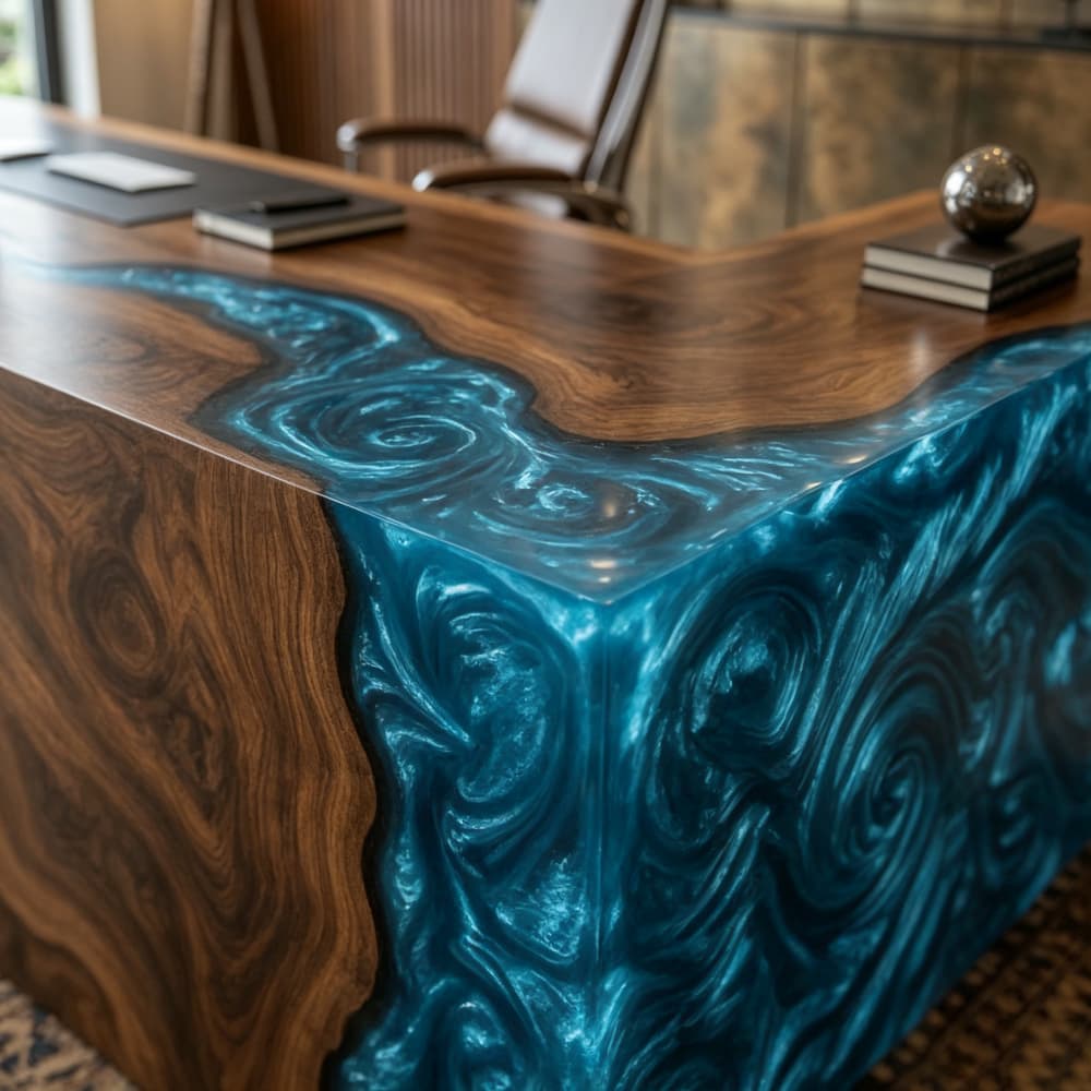 Modern designer L-shaped desk with resin waterfall edge for executive suites
