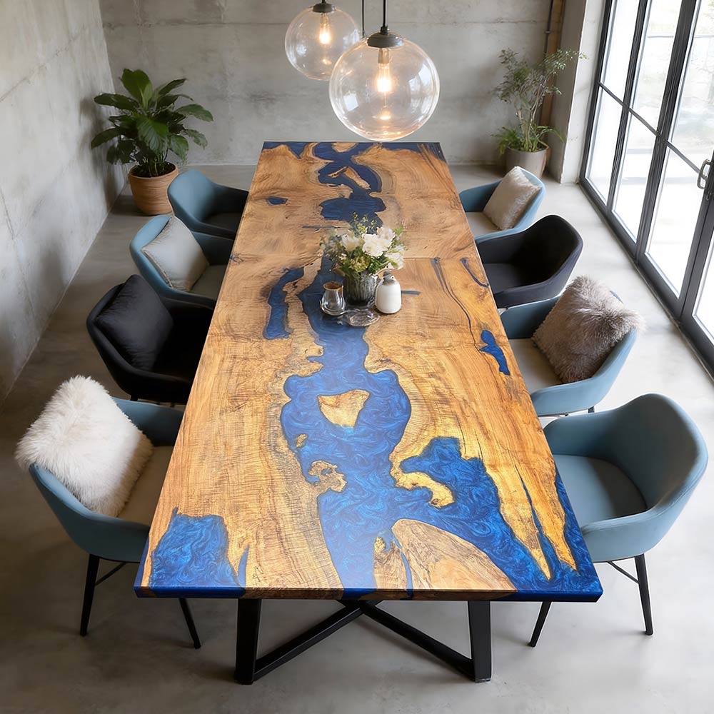 Custom ash wood dining table featuring ocean blue swirl epoxy resin and natural wood grain